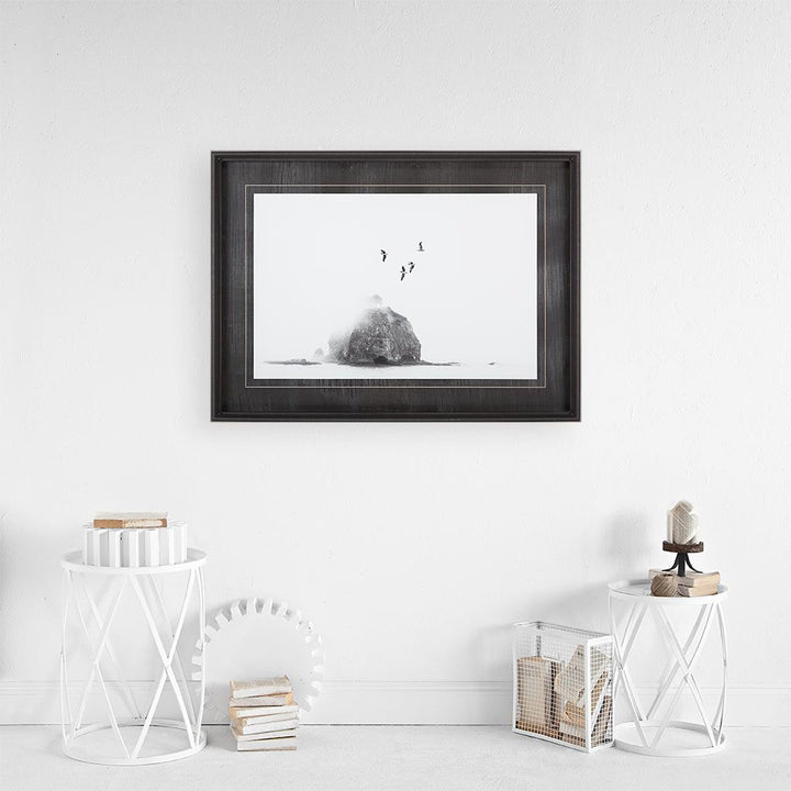 BIRDS OVER SEA STACK, FRAMED ART