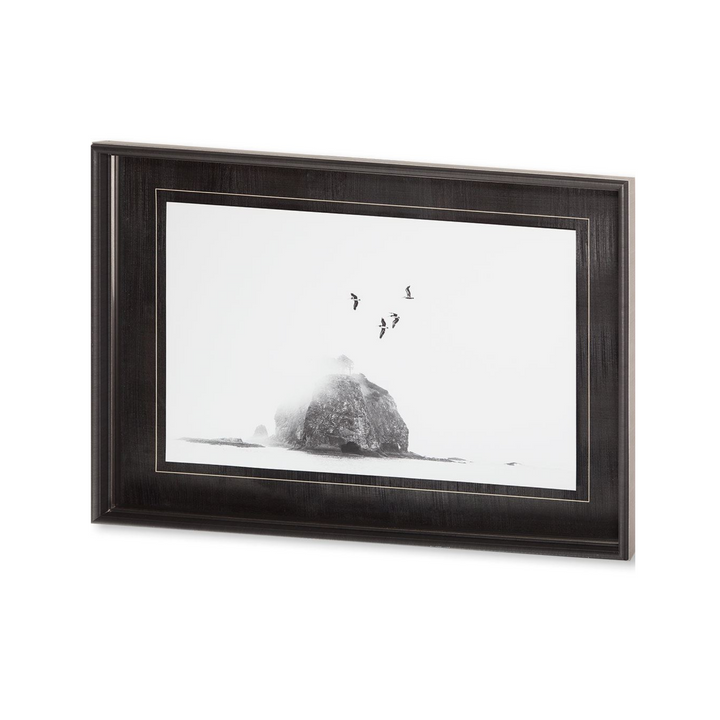 BIRDS OVER SEA STACK, FRAMED ART