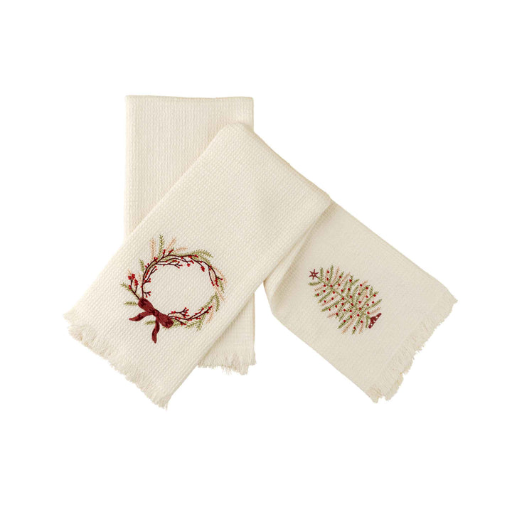 TREE/WREATH WAFFLE HAND TOWELS, S/2