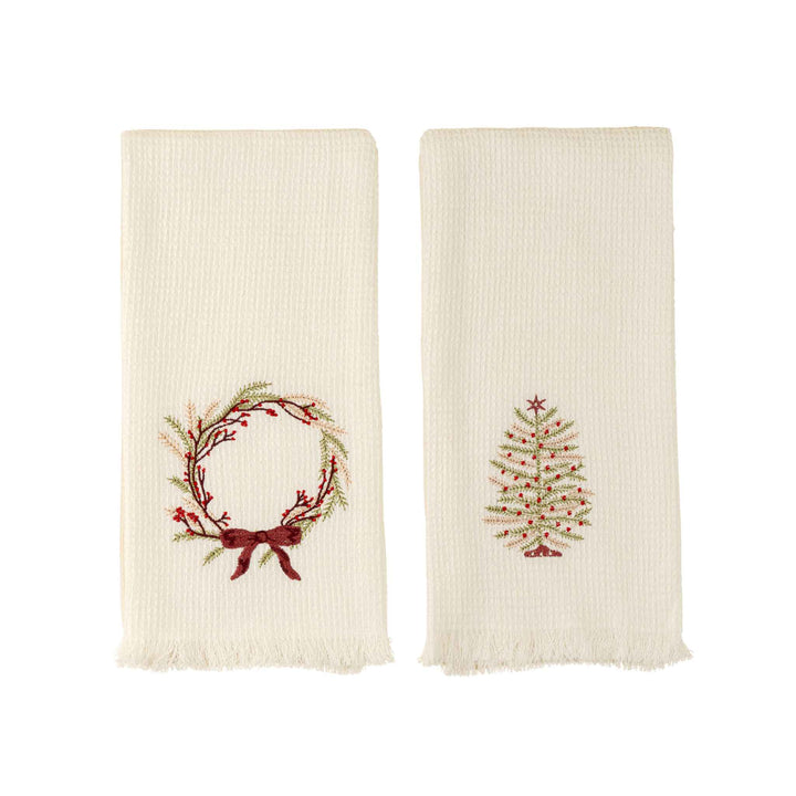 TREE/WREATH WAFFLE HAND TOWELS, S/2