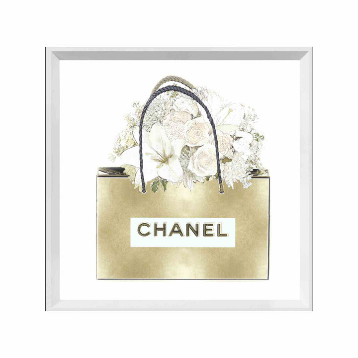 GOLD BAG WITH FLORAL BOUQUET, FRAMED ART