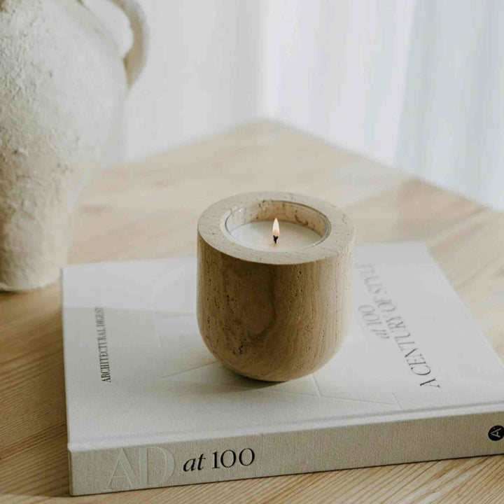 BEIGE TRAVERTINE, REFILLABLE CANDLE VESSEL