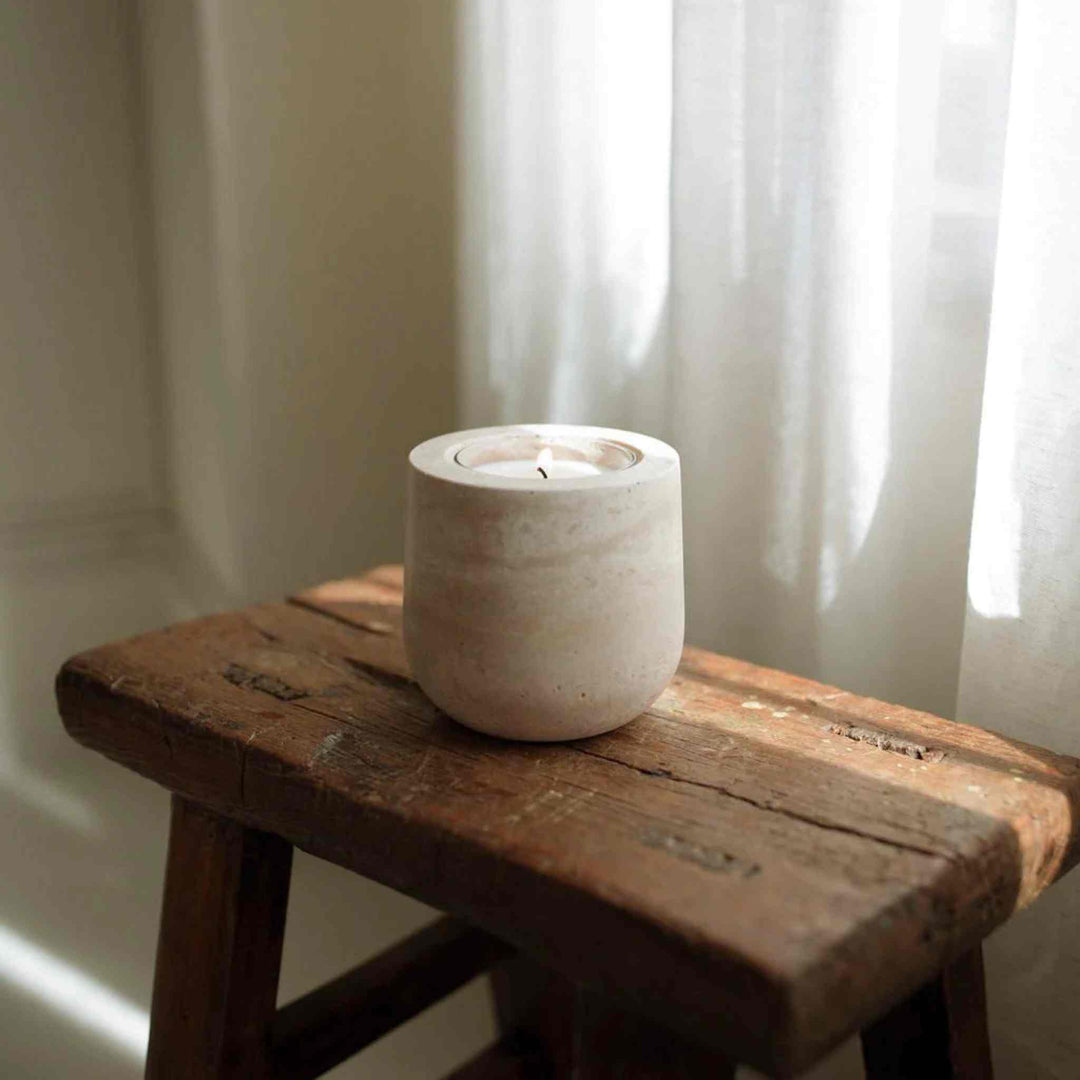 BEIGE TRAVERTINE, REFILLABLE CANDLE VESSEL