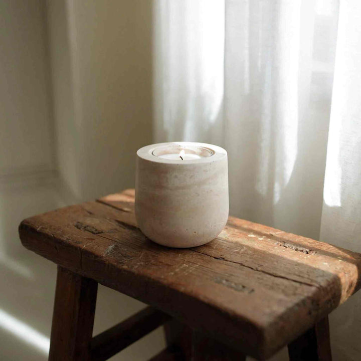 BEIGE TRAVERTINE, REFILLABLE CANDLE VESSEL