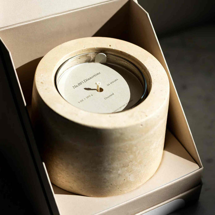 BEIGE TRAVERTINE, REFILLABLE CANDLE VESSEL
