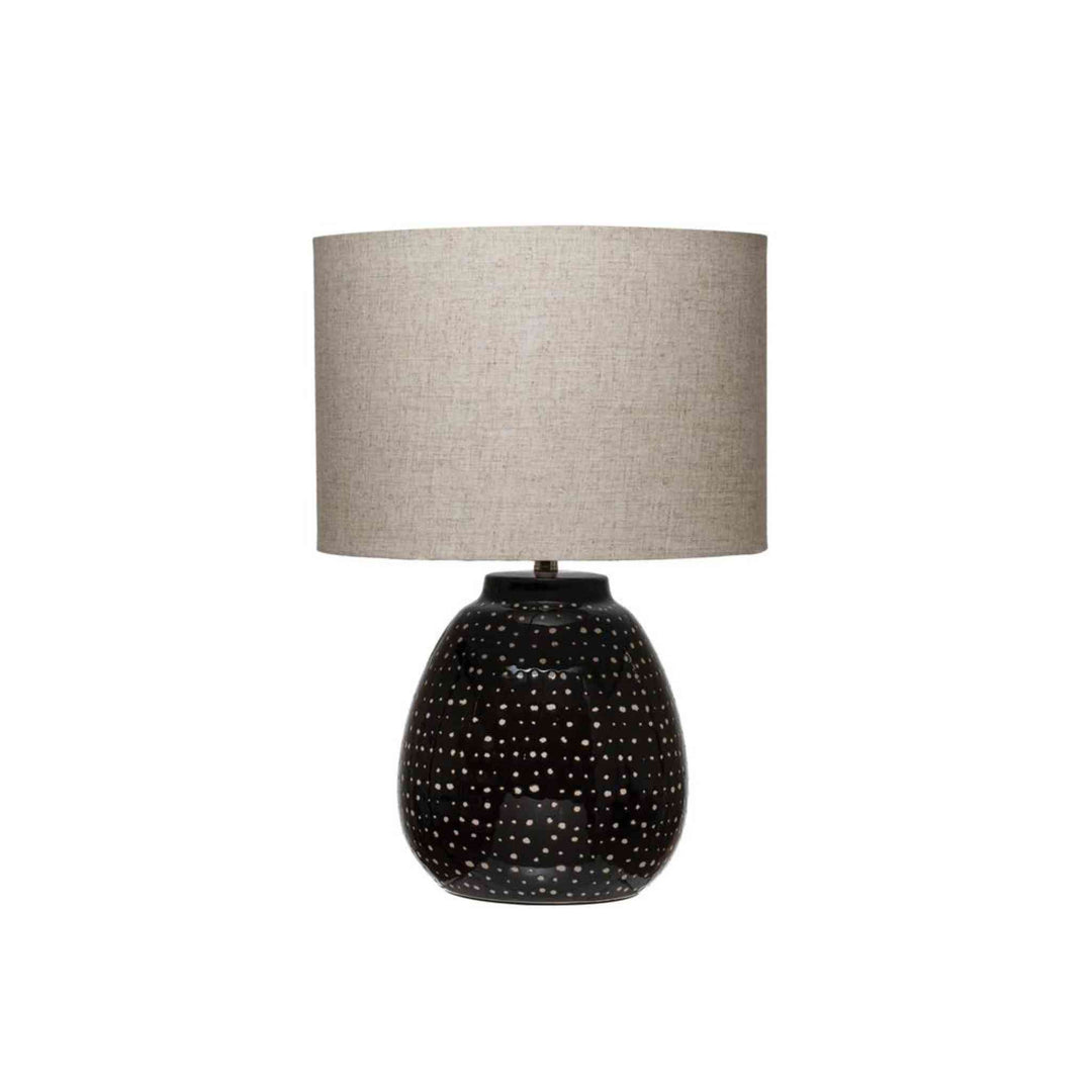 STONEWARE TABLE LAMP, BLACK W/ WHITE DOTS