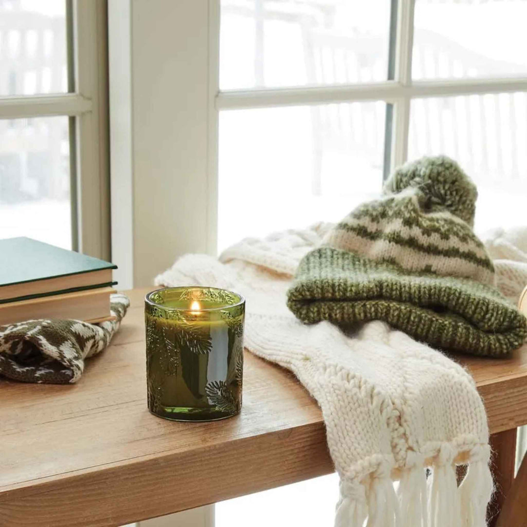 FRASIER FIR CANDLE, MOLDED GREEN GLASS