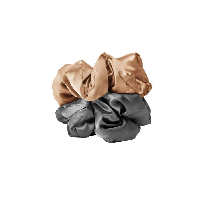 SATIN SLEEP PILLOW SCRUNCHIES, S/2, CHARCOAL/GOLD