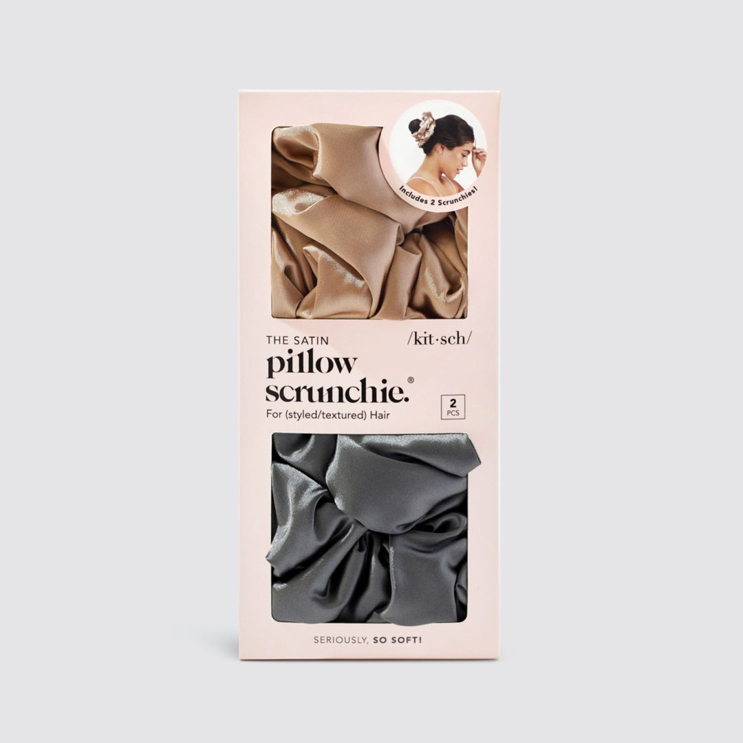 SATIN SLEEP PILLOW SCRUNCHIES, S/2, CHARCOAL/GOLD