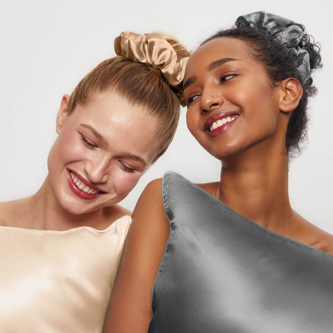 SATIN SLEEP PILLOW SCRUNCHIES, S/2, CHARCOAL/GOLD