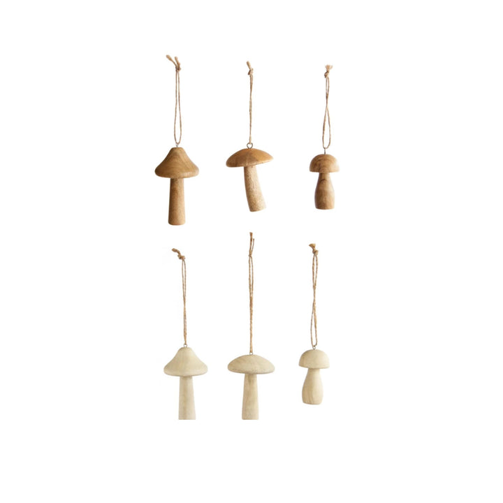 WOOD MUSHROOM ORNAMENTS, ASSORTED