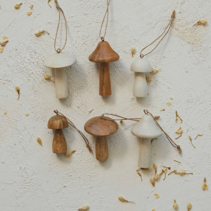 WOOD MUSHROOM ORNAMENTS, ASSORTED