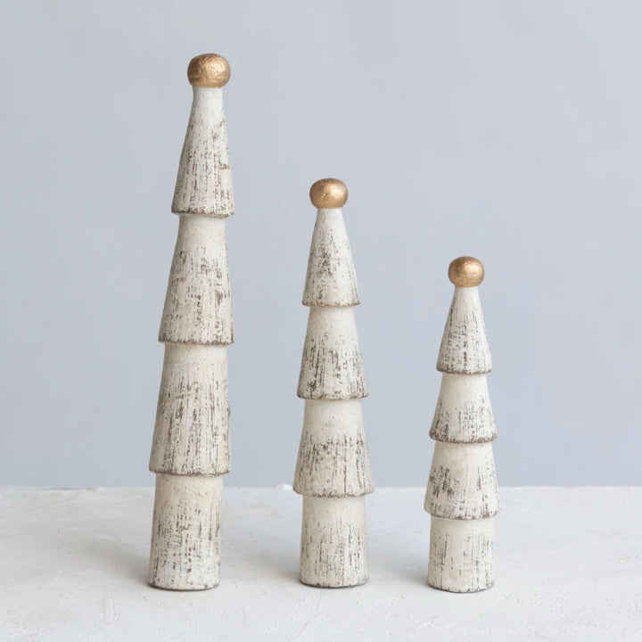 CARVED DISTRESSED TREES, CREAM/GOLD