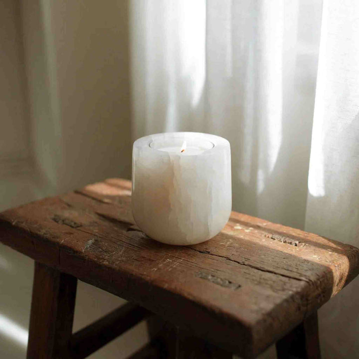 WHITE ONYX, REFILLABLE CANDLE VESSEL