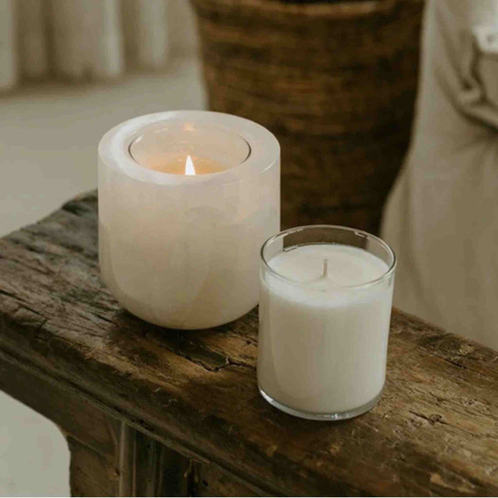 WHITE ONYX, REFILLABLE CANDLE VESSEL