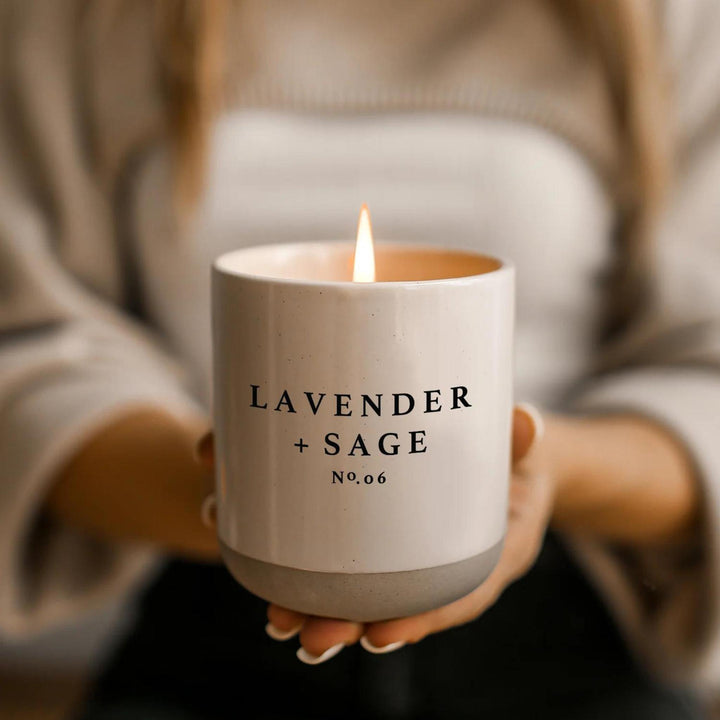 LAVENDER AND SAGE SOY CANDLE, CREAM STONEWARE, 12 OZ
